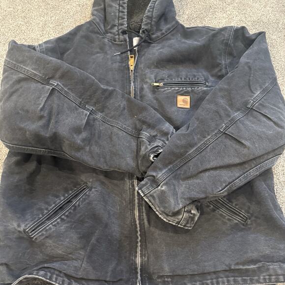 Y2K Distressed Carhartt J141 Black Men's Canvas Sherpa Lined Hooded Work Coat XL - Picture 8 of 10